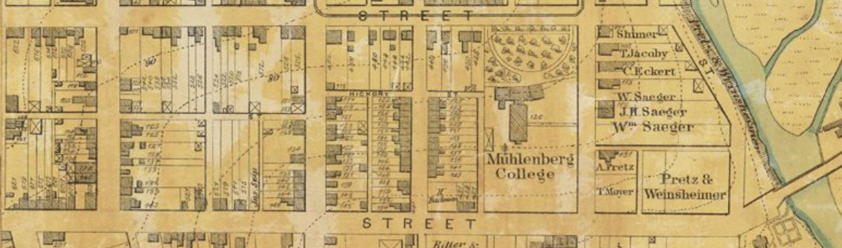Selection of 1870 map of Allentown by Aschbach featuring original location of Muhlenberg College