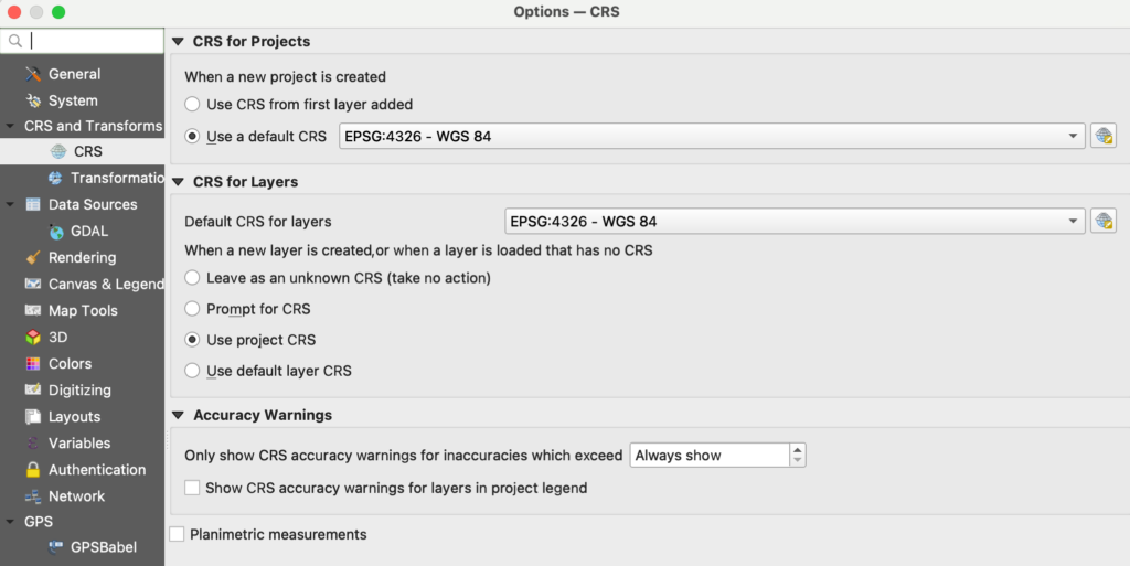 A screenshot of the QGIS screen under Properties, CRS and Transforms, CRS. The desired configuration settings are described after the image