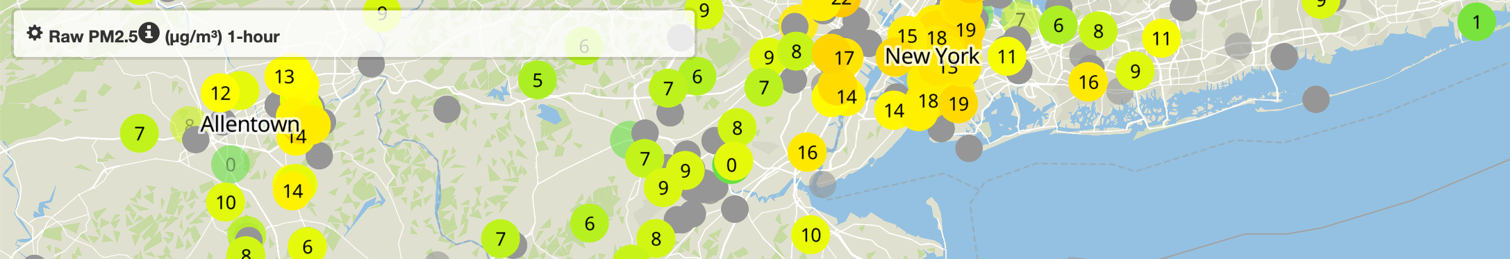 a screenshot of the purple air real time map showing Allentown, PA and NYC