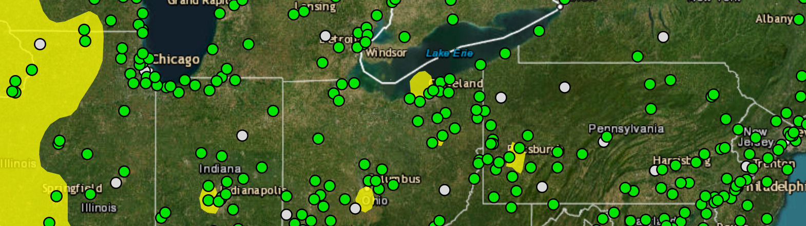 screen capture of the EPA's AirNow air quality map depicting PM2.5 and AQI readings for PA