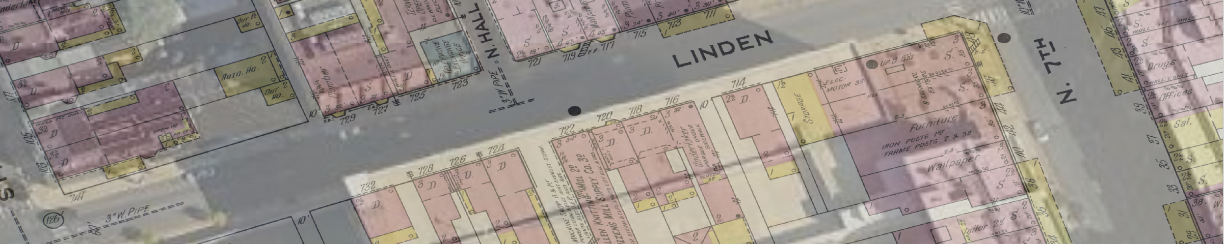 Translucent Sanborn Fire Insurance Map, 1911 overlaying Google Satellite map of Linden and 7th St in Allentown PA