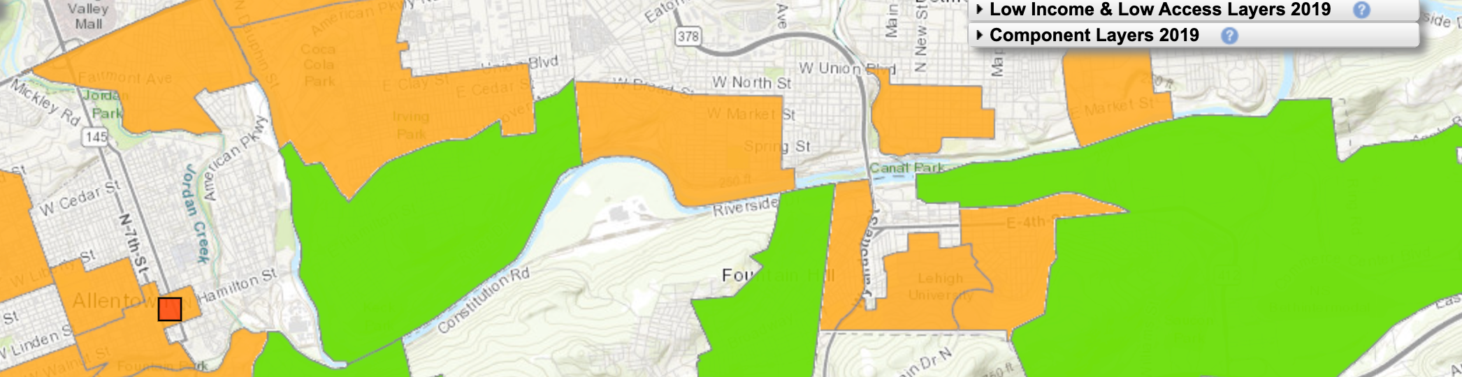 screenshot selection from the USDA Economic Research Service's Food Access Research Access. The area selected is Allentown, PA